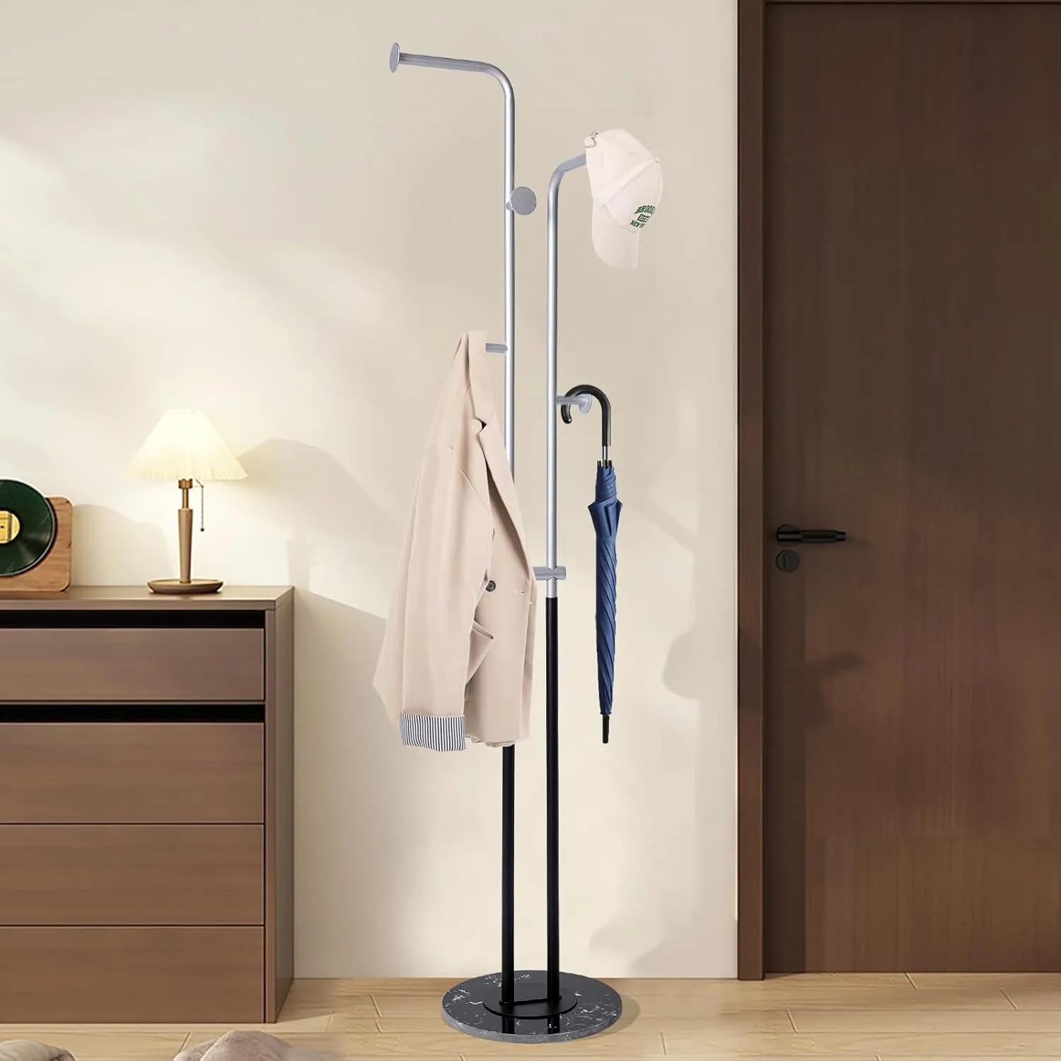 Coat Rack Freestanding Heavy Duty, Metal Coat Tree with 5 Hooks with Marble Base,Modern,Clothes Rack,Corner Coat Stand for Bedroom Entryway Office 12.6 x 12.6 x 66.54 Inches (Silver)