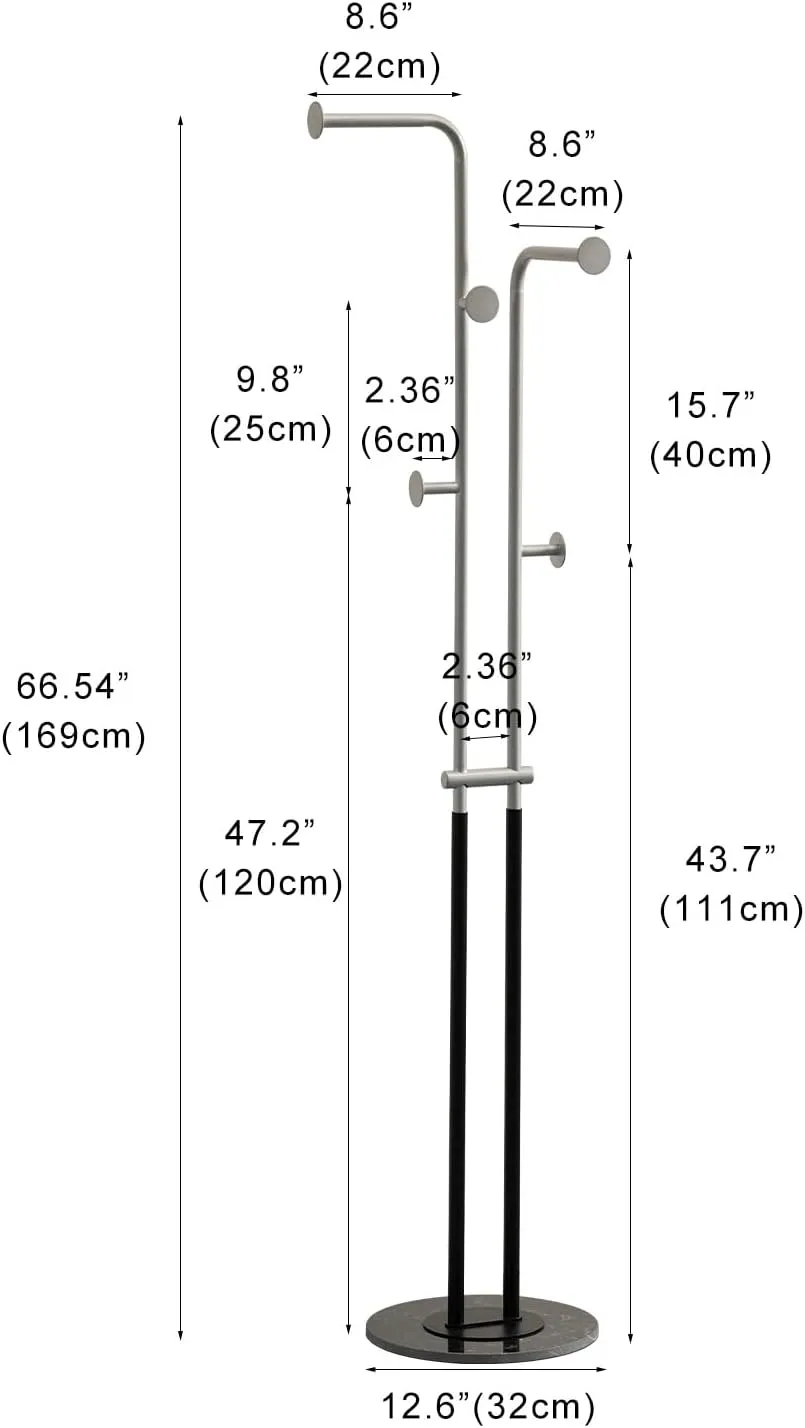 Coat Rack Freestanding Heavy Duty, Metal Coat Tree with 5 Hooks with Marble Base,Modern,Clothes Rack,Corner Coat Stand for Bedroom Entryway Office 12.6 x 12.6 x 66.54 Inches (Silver)