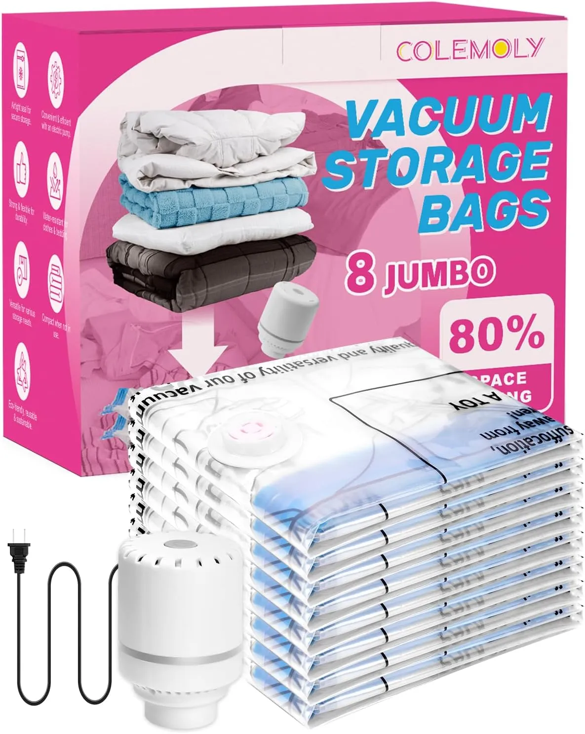 Colemoly Vacuum Storage Bags with Electric Air Pump, 8 Jumbo Compression Bags, Space Saver Vacuum Seal Bags for Clothing, Blanket, Comforter, Travel, Moving
