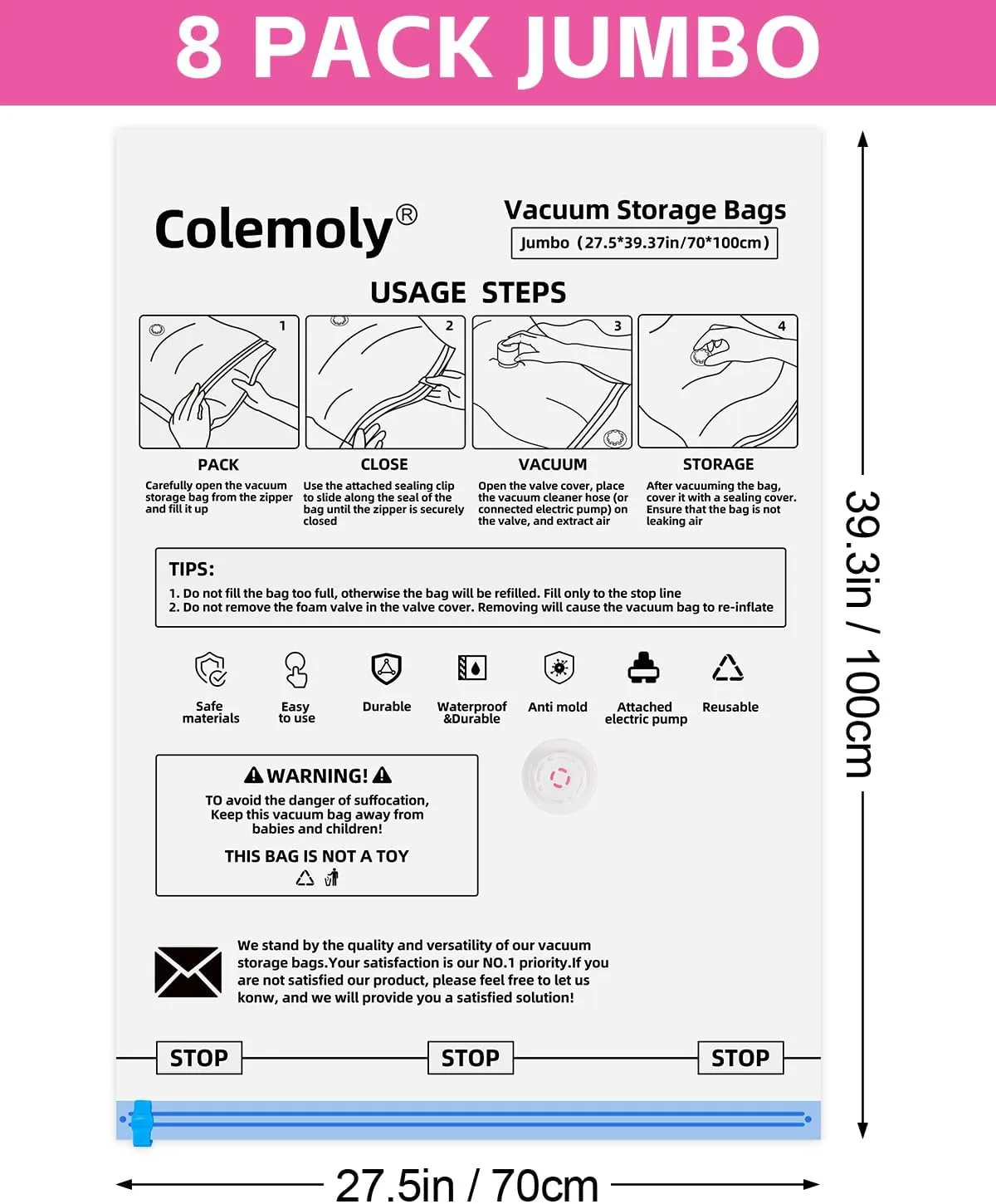 Colemoly Vacuum Storage Bags with Electric Air Pump, 8 Jumbo Compression Bags, Space Saver Vacuum Seal Bags for Clothing, Blanket, Comforter, Travel, Moving