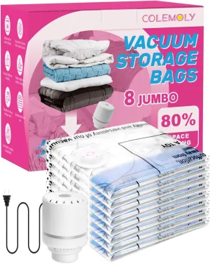 Colemoly Vacuum Storage Bags with Electric Air Pump, 8 Jumbo Compression Bags, Space Saver Vacuum Seal Bags for Clothing, Blanket, Comforter, Travel, Moving