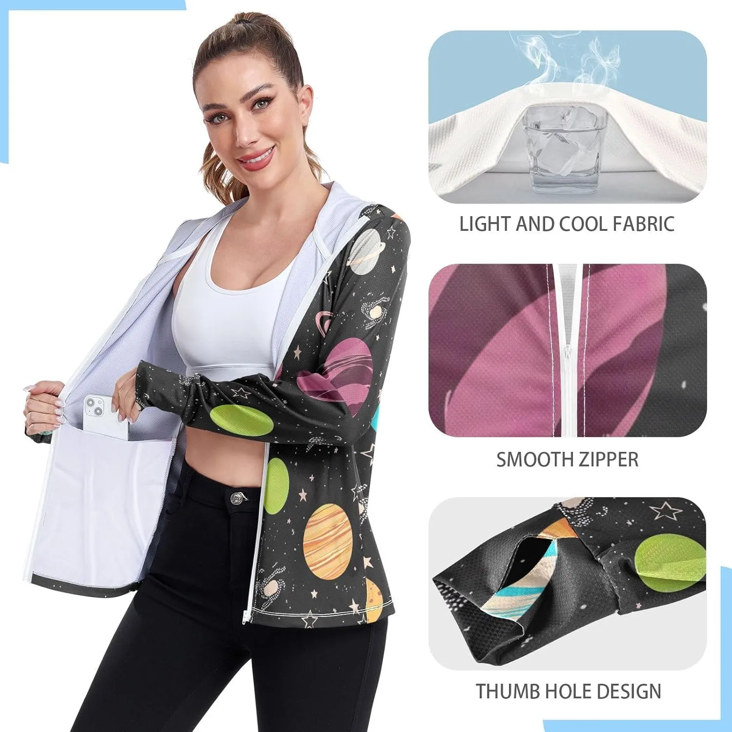 Colorful Planets Sunscreen Clothing for Women, UPF 50  Cooling Long Sleeve Shirt Women, S-XXL