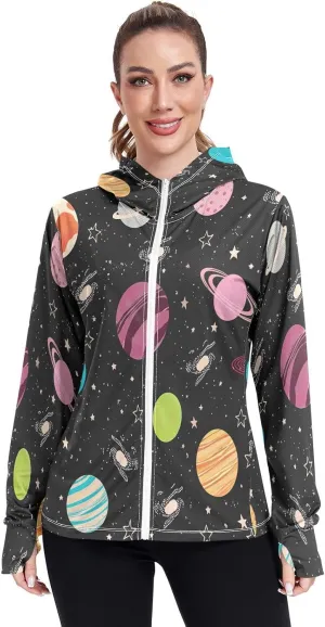 Colorful Planets Sunscreen Clothing for Women, UPF 50  Cooling Long Sleeve Shirt Women, S-XXL