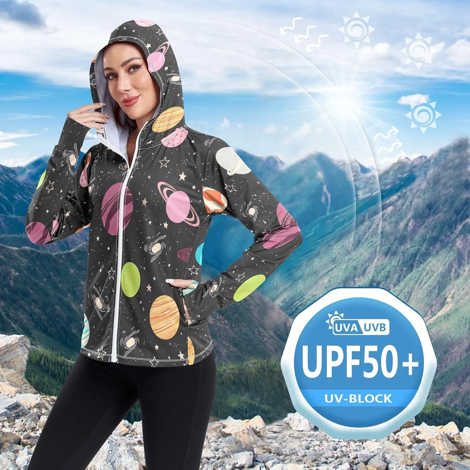 Colorful Planets Sunscreen Clothing for Women, UPF 50  Cooling Long Sleeve Shirt Women, S-XXL