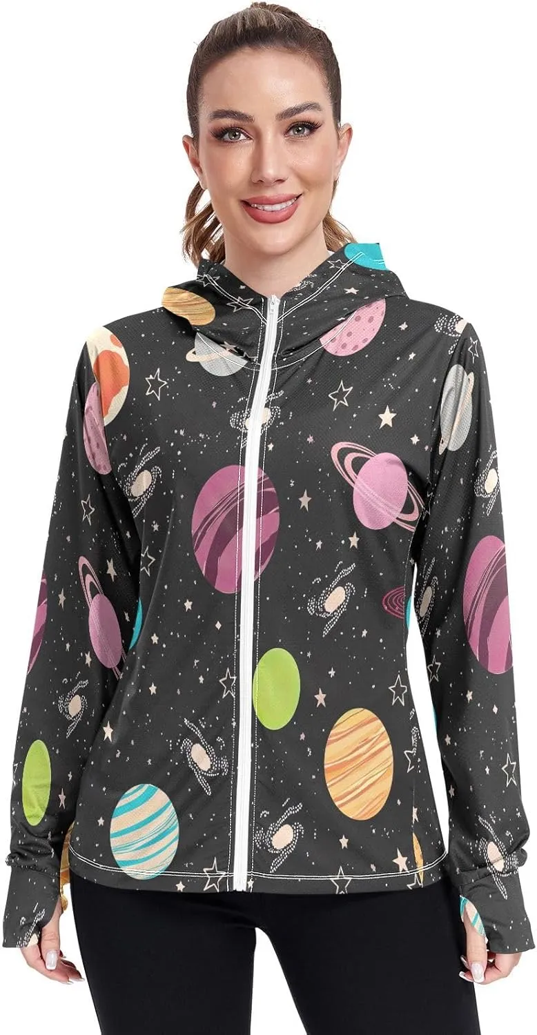 Colorful Planets Sunscreen Clothing for Women, UPF 50  Cooling Long Sleeve Shirt Women, S-XXL