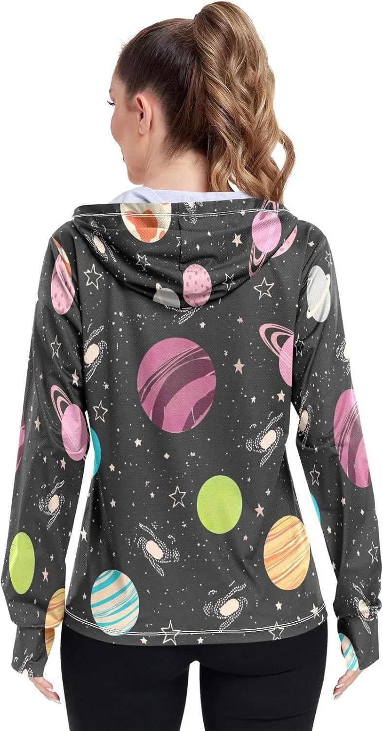 Colorful Planets Sunscreen Clothing for Women, UPF 50  Cooling Long Sleeve Shirt Women, S-XXL
