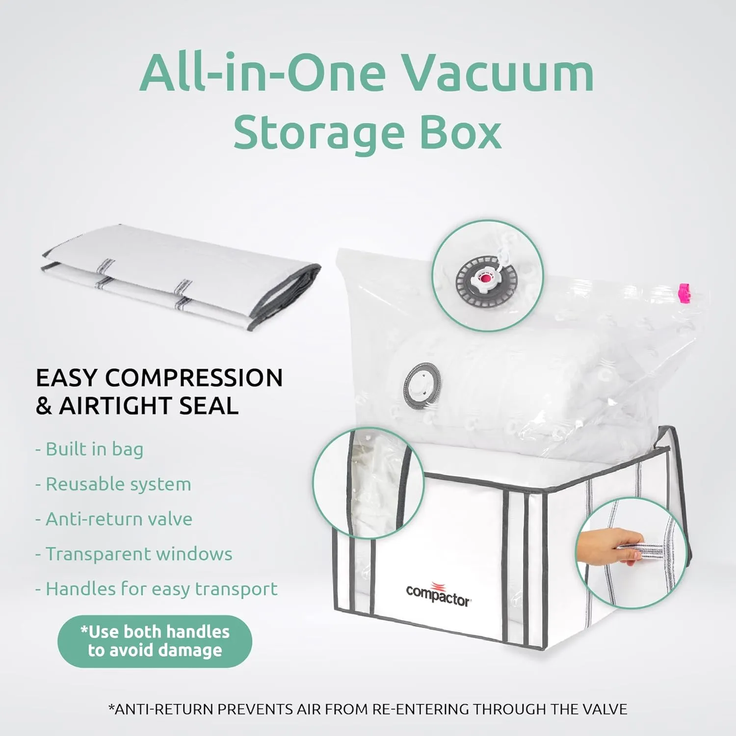 Compactor Vacuum Bags   Semi-Rigid Box, Space Saving Storage, Seal Bags Compression for Comforters and Blankets, Sealer Clothes Storage, Size M, 125L | White