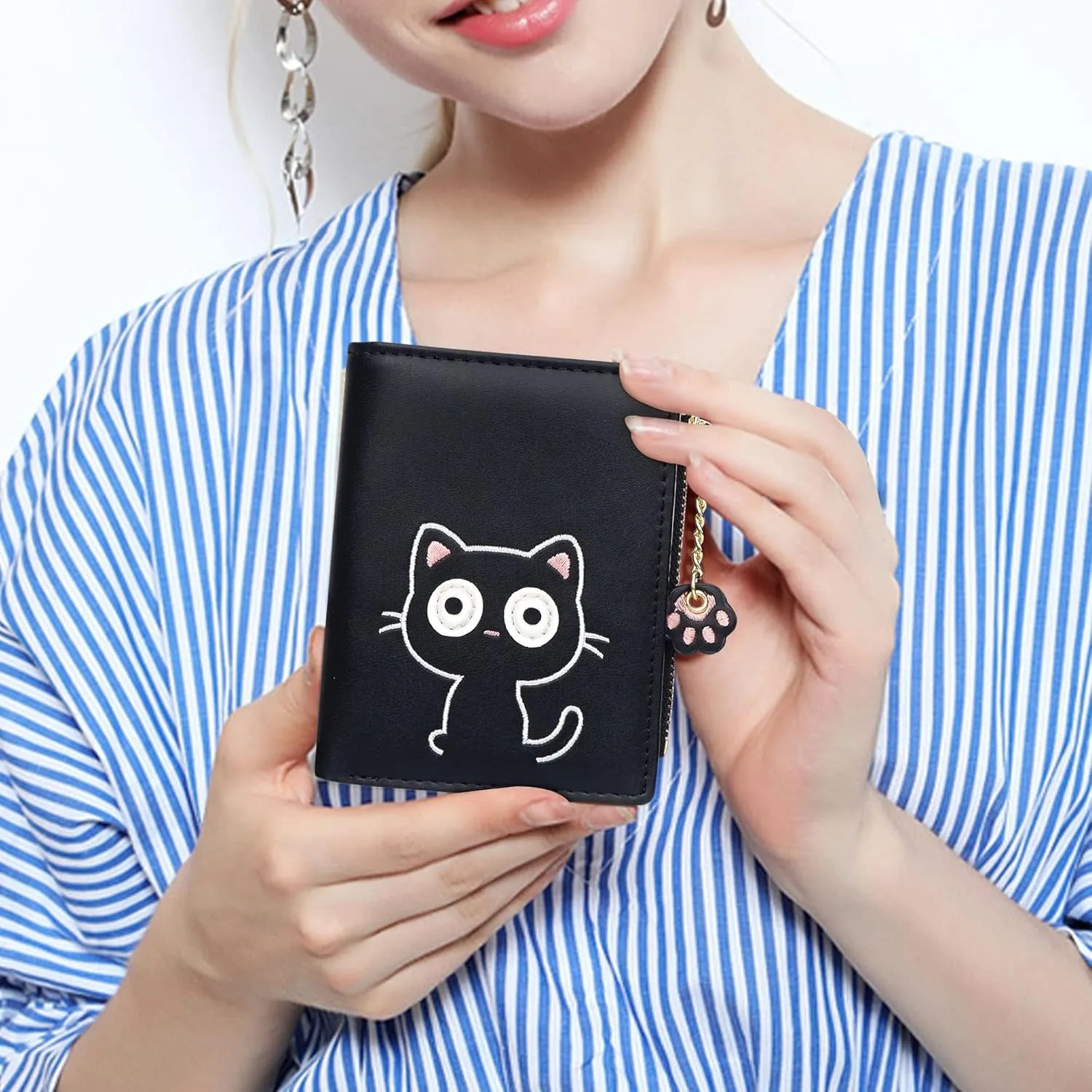 CONISY Cute Wallets for Women, Leather RFID Blocking Small Bifold Wallet with Zipper Coin Purse for Girls and Ladies Womens Wallet (Cat Black)