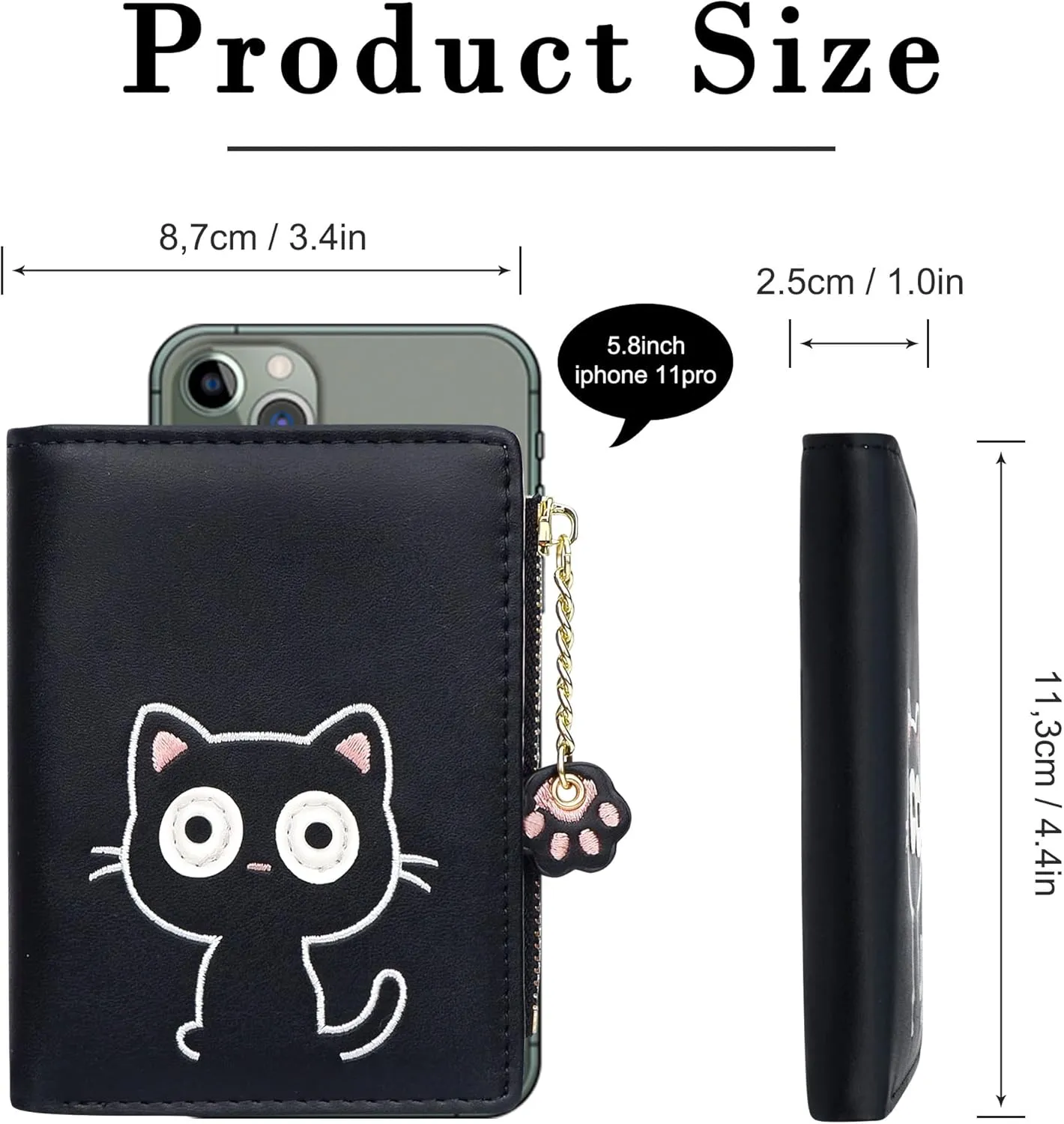 CONISY Cute Wallets for Women, Leather RFID Blocking Small Bifold Wallet with Zipper Coin Purse for Girls and Ladies Womens Wallet (Cat Black)