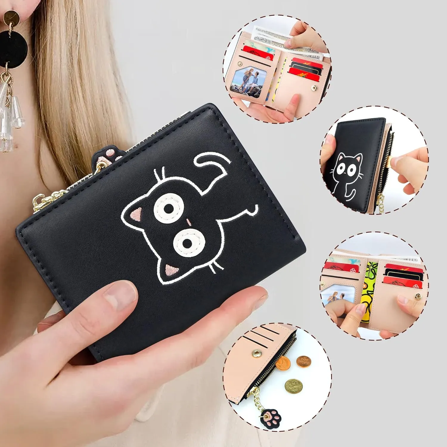 CONISY Cute Wallets for Women, Leather RFID Blocking Small Bifold Wallet with Zipper Coin Purse for Girls and Ladies Womens Wallet (Cat Black)