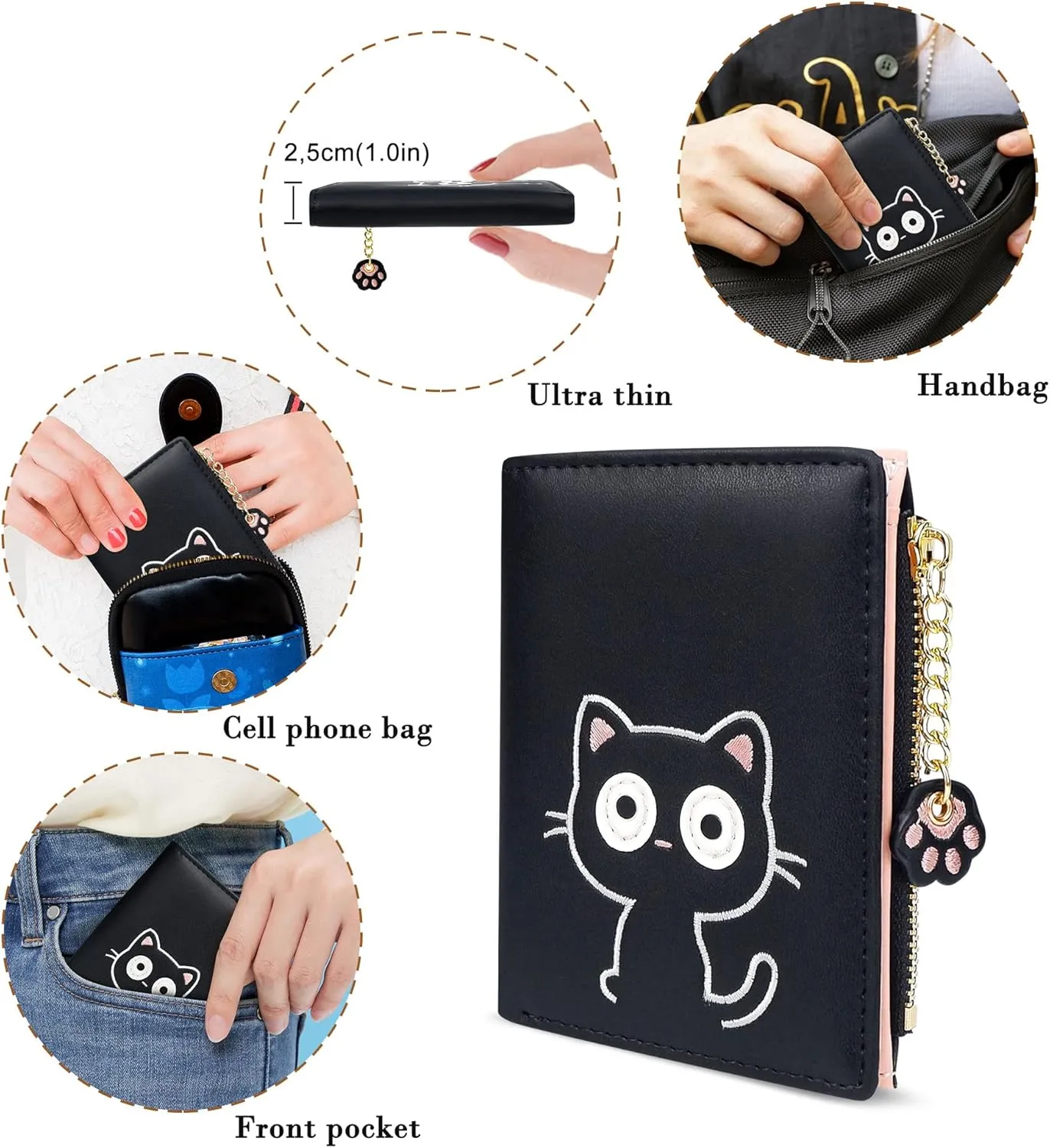 CONISY Cute Wallets for Women, Leather RFID Blocking Small Bifold Wallet with Zipper Coin Purse for Girls and Ladies Womens Wallet (Cat Black)