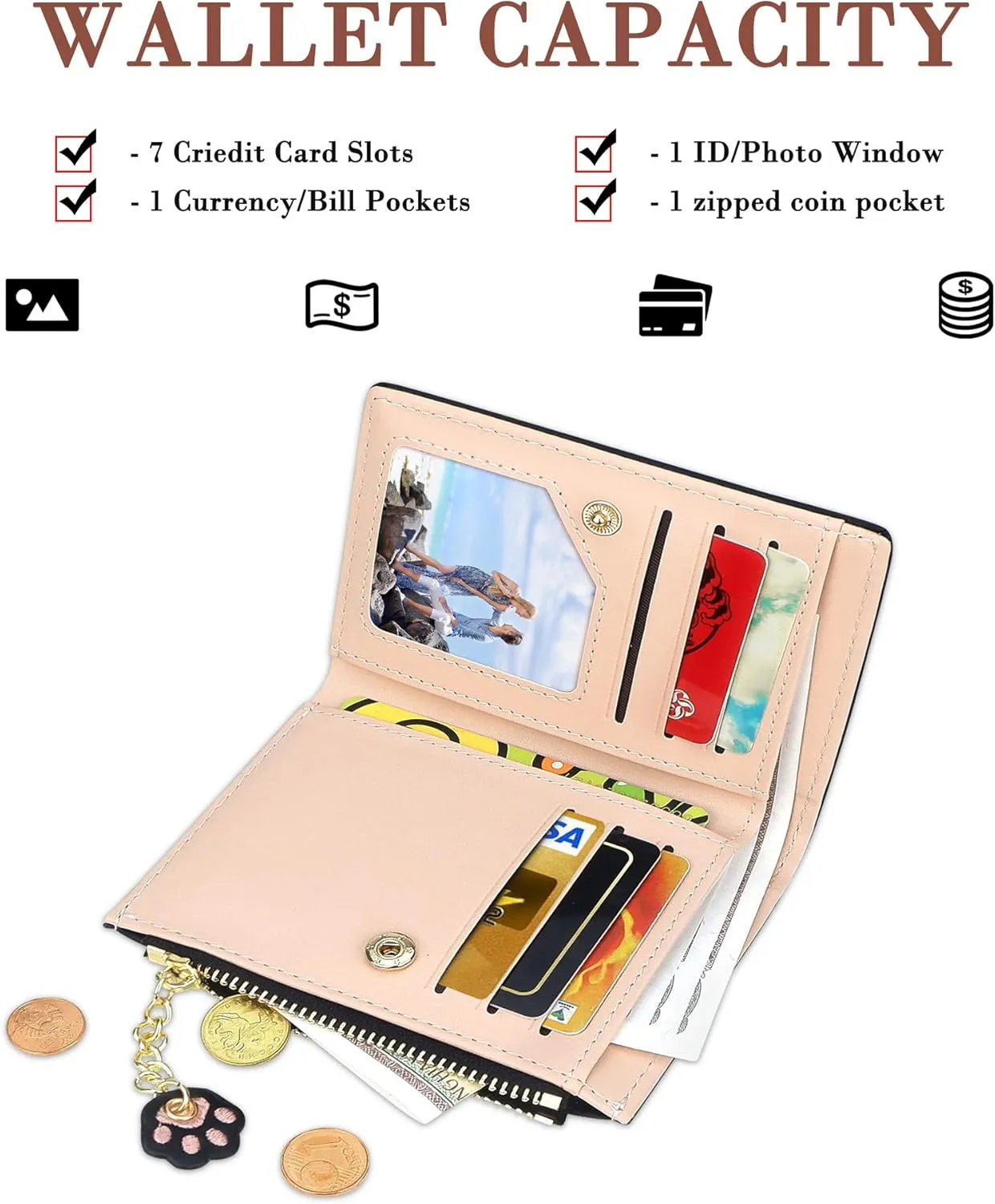 CONISY Cute Wallets for Women, Leather RFID Blocking Small Bifold Wallet with Zipper Coin Purse for Girls and Ladies Womens Wallet (Cat Black)