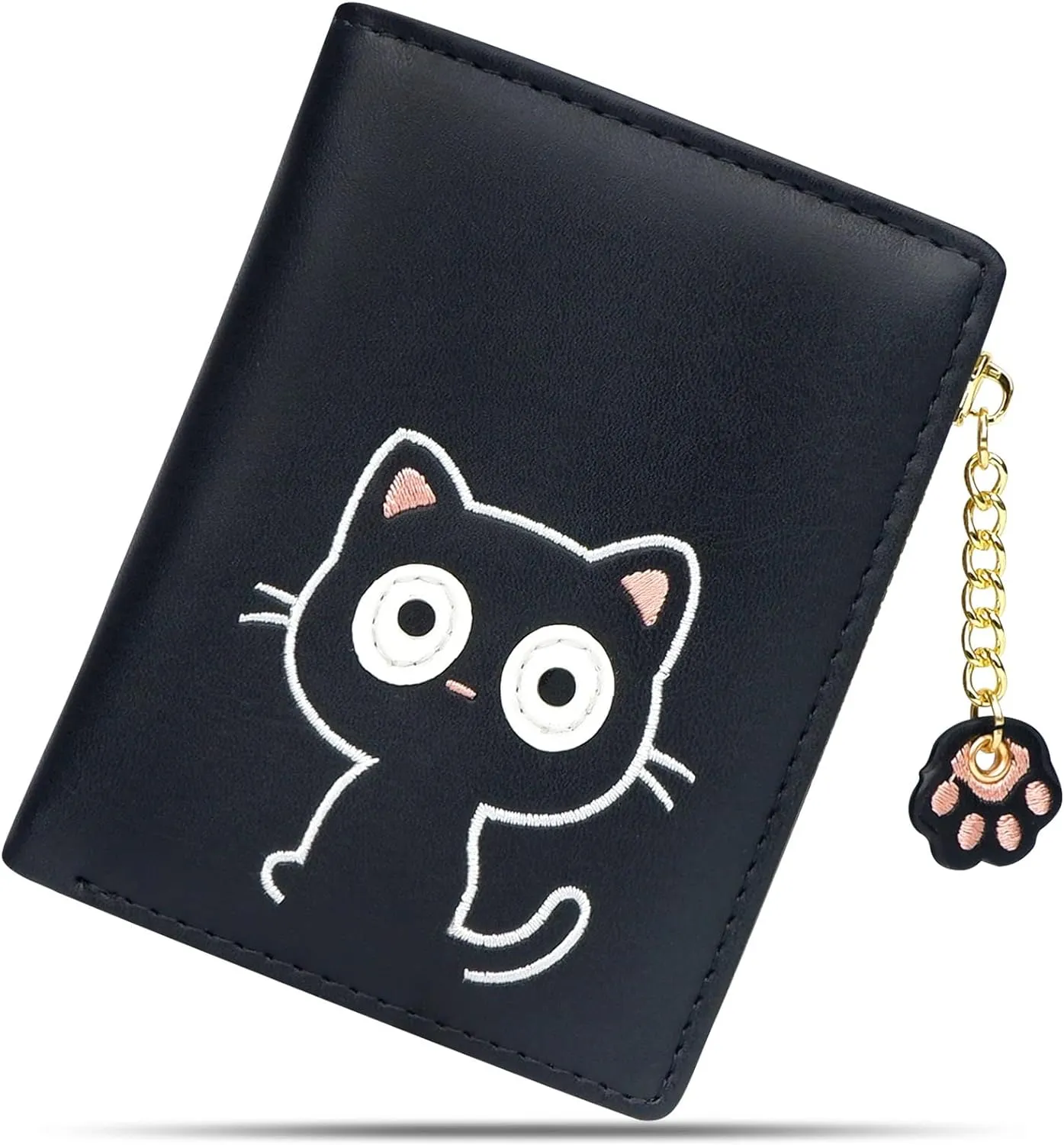 CONISY Cute Wallets for Women, Leather RFID Blocking Small Bifold Wallet with Zipper Coin Purse for Girls and Ladies Womens Wallet (Cat Black)