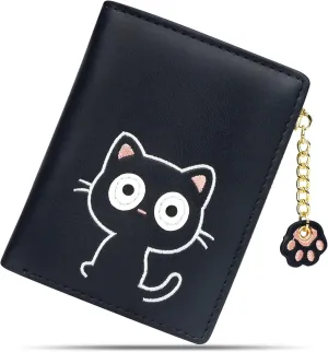 CONISY Cute Wallets for Women, Leather RFID Blocking Small Bifold Wallet with Zipper Coin Purse for Girls and Ladies Womens Wallet (Cat Black)