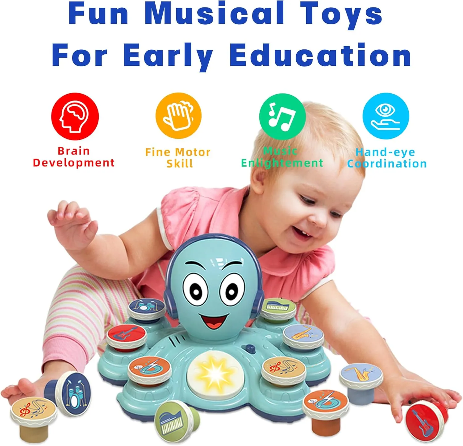 Contixo Baby Musical Toys - KD3 Learning Toys for Toddlers, Octopus Toys for Kids, Preschooler Musical Educational Instruments Toy for Baby, Toy Drum for Toddlers, Blue