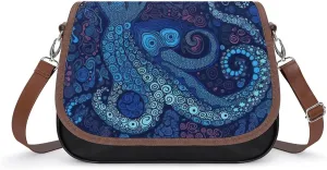 Crossbody Bag,Blue Octopus Print Leather Crossbody Bag,flapover Crossbody Bag,crossover Shoulder Bag with Adjustable Strap & Flip