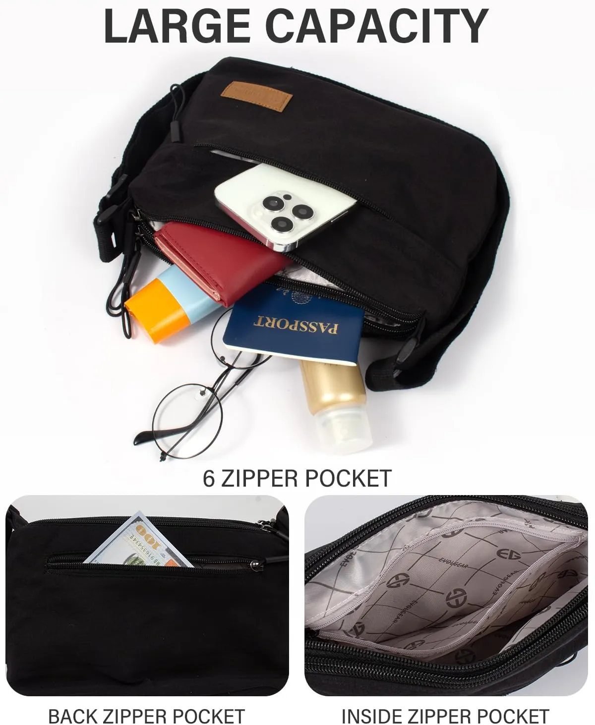 Crossbody Sling Bag Canvas Purse Small Shoulder Handbag 5 Pocket Casual Travel Messenger Hobo Bag Phone Satchel Backpack