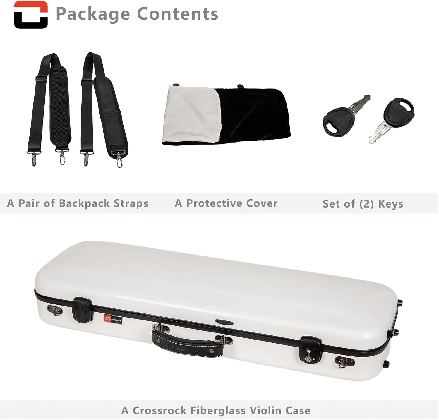 Crossrock Fiberglass Oblong Case fits 4/4 Full-Size Violin, with Accessory Compartments, Removable Shoulder Straps, TSA Lock, Hygrometer-White (CRF2020VWT-R)