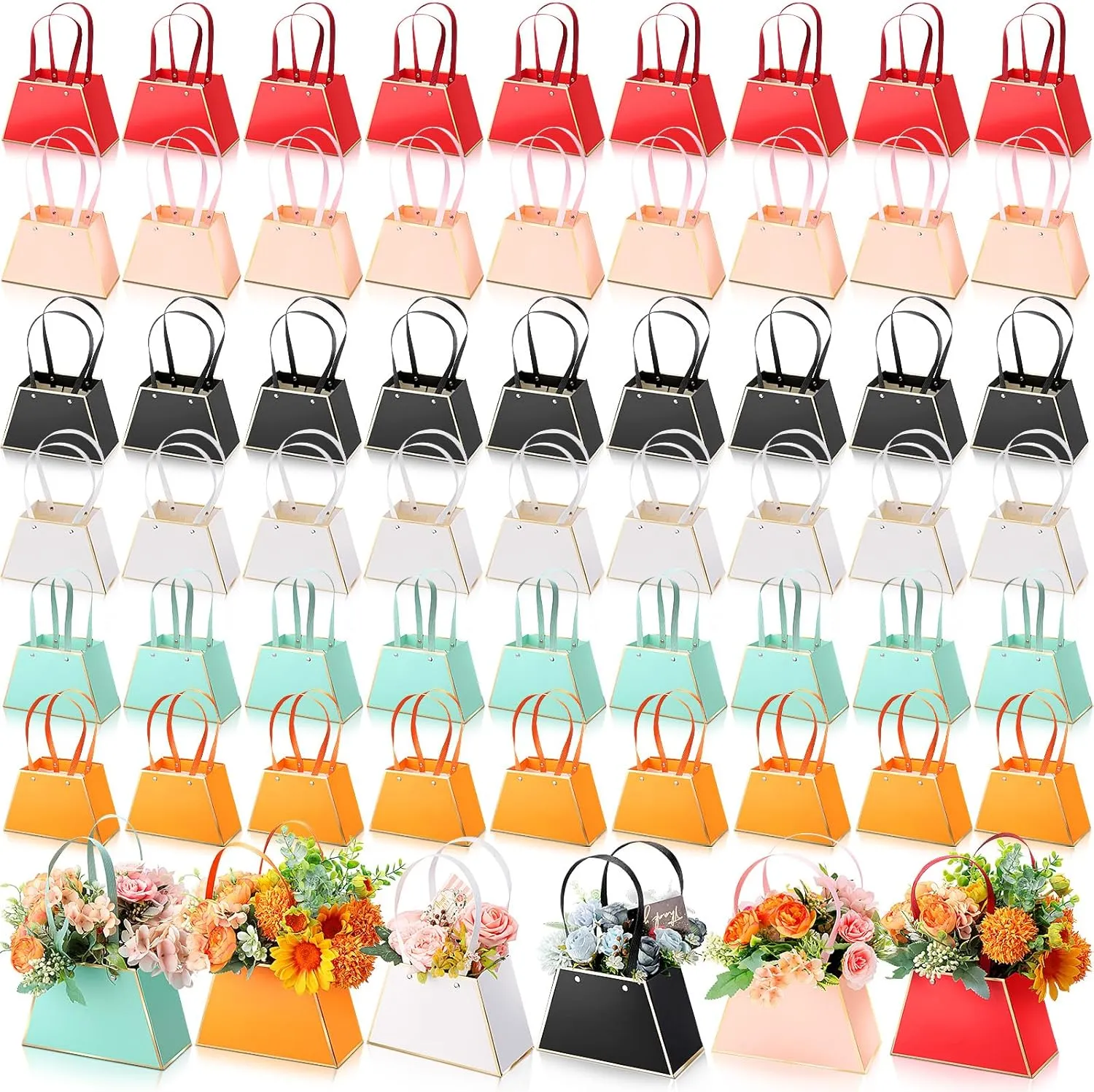 Ctosree 60 Pcs Flower Gift Bags Portable Floral Paper Bouquet Bags Flower Box for Arrangements with Handle Florist Supplies for Graduation Wedding Bridal Shower Student Teacher