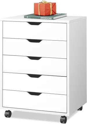 DEVAISE 5-Drawer Chest, Wood Storage file Cabinet with Wheels, White