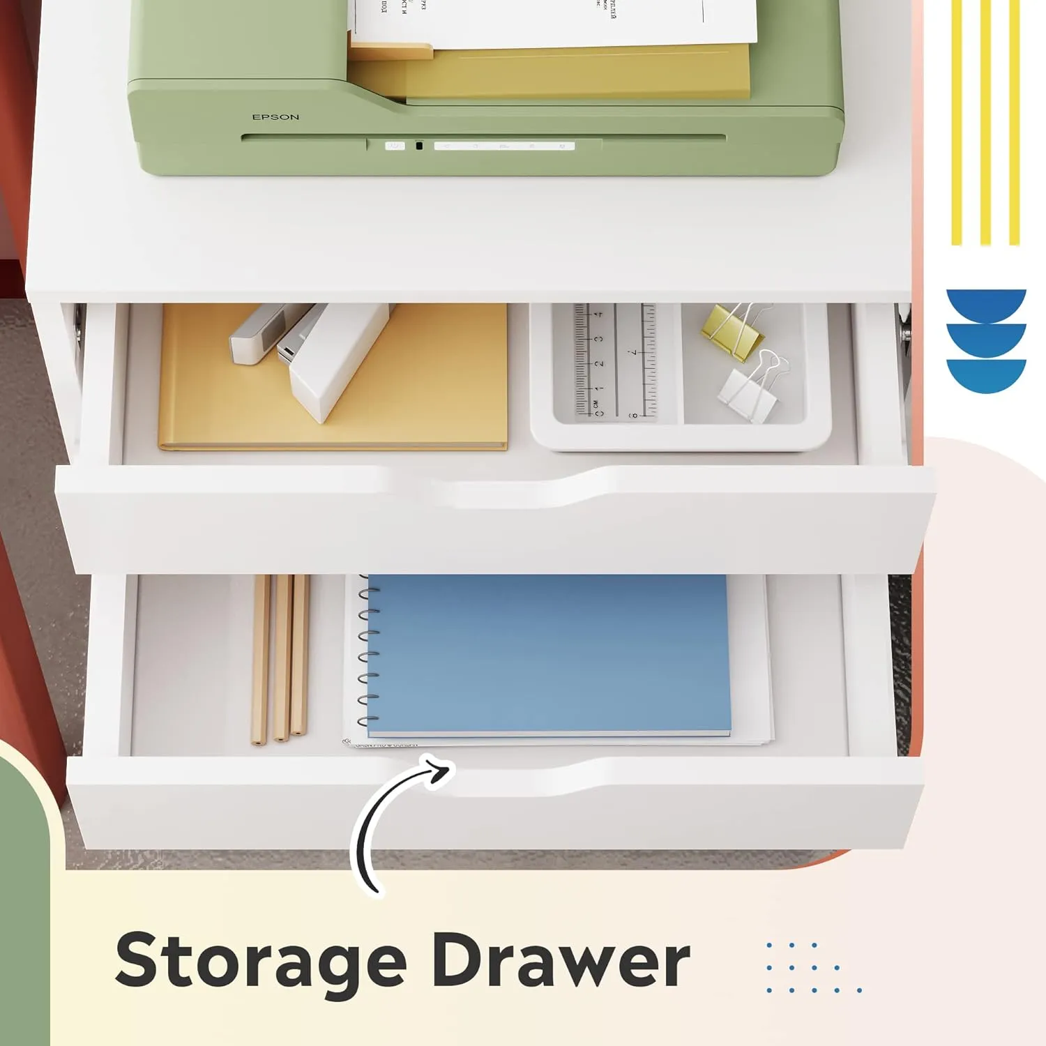 DEVAISE 5-Drawer Chest, Wood Storage file Cabinet with Wheels, White
