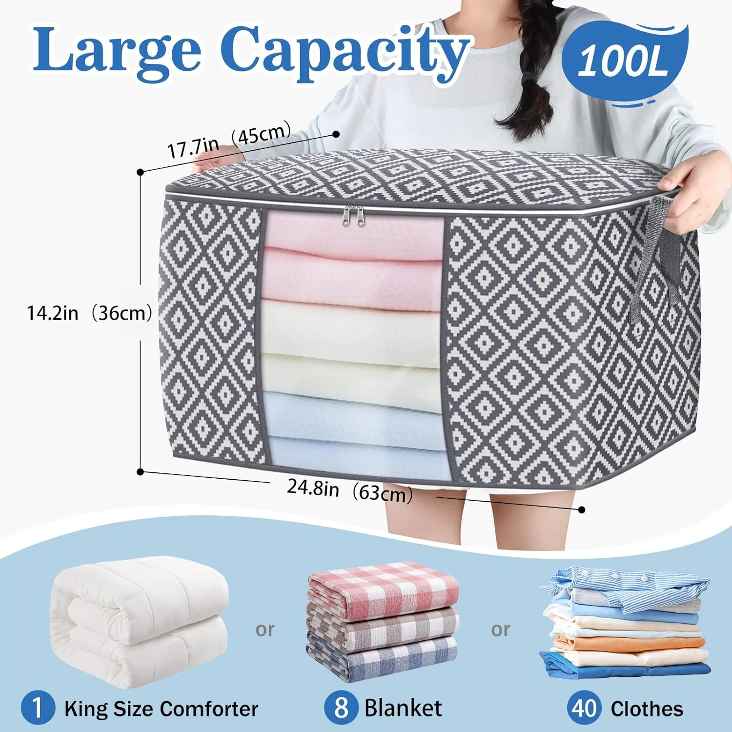Direct 100L Storage Containers, Large Clothes Storage Bins Foldable Organization and Storage Bags with Reinforced Handle, Clear Window for Bedding, Blankets, Clothing, 3 Pack, Grey