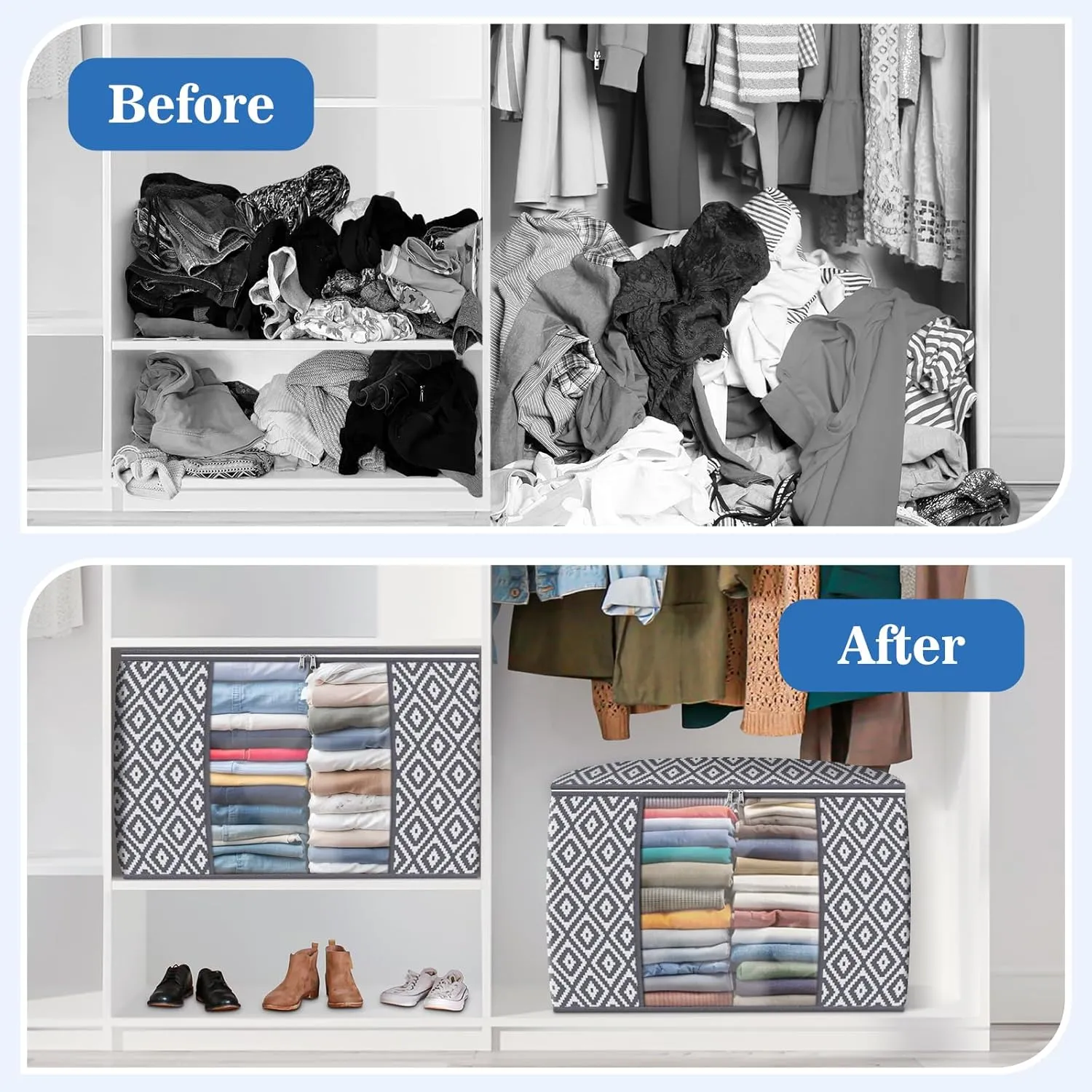 Direct 100L Storage Containers, Large Clothes Storage Bins Foldable Organization and Storage Bags with Reinforced Handle, Clear Window for Bedding, Blankets, Clothing, 3 Pack, Grey