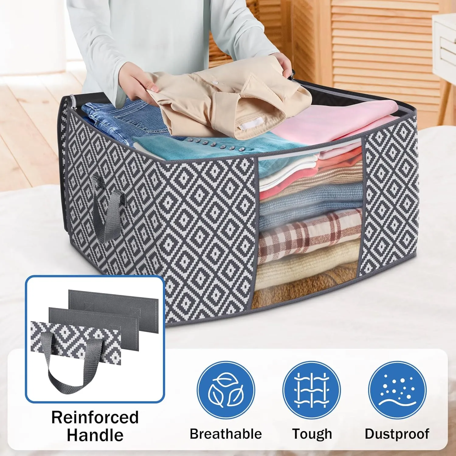 Direct 100L Storage Containers, Large Clothes Storage Bins Foldable Organization and Storage Bags with Reinforced Handle, Clear Window for Bedding, Blankets, Clothing, 3 Pack, Grey
