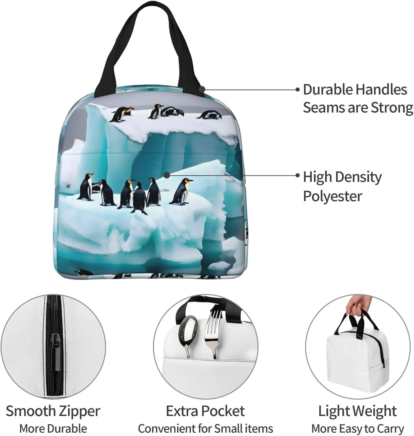 DJnni Penguins On The Iceberg Lunch Bag For Women Men, Leakproof Reusable Lunch Box,Lunch Cooler Tote For Office Outdoor Picnic