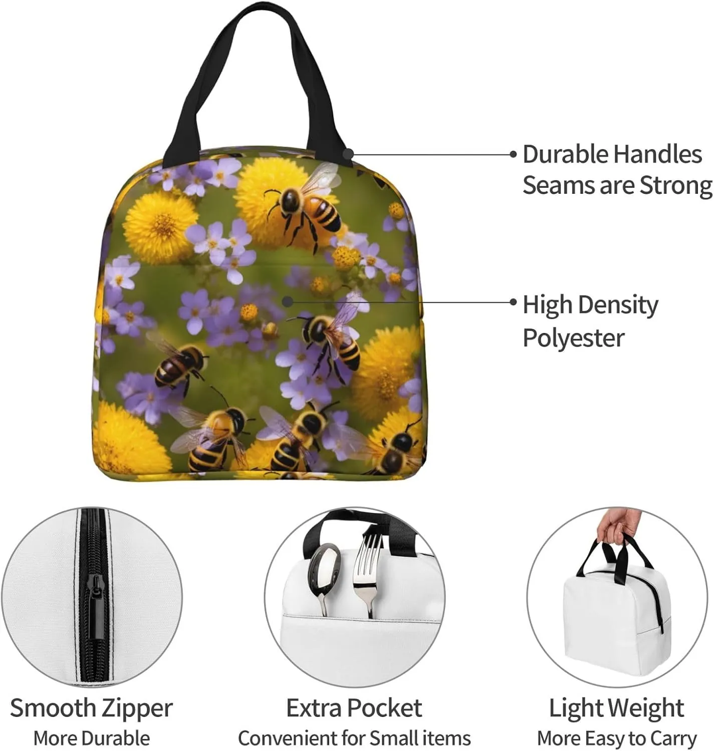 DJnni Rural Honey Bees Wildflowers Lunch Bag For Women Men, Leakproof Reusable Lunch Box,Lunch Cooler Tote For Office Outdoor Picnic