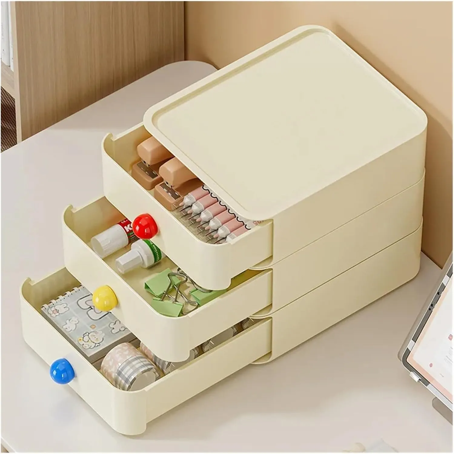 Drawer-type storage box, desktop miscellaneous item classification box, office desk entrance storage box(Red handle)