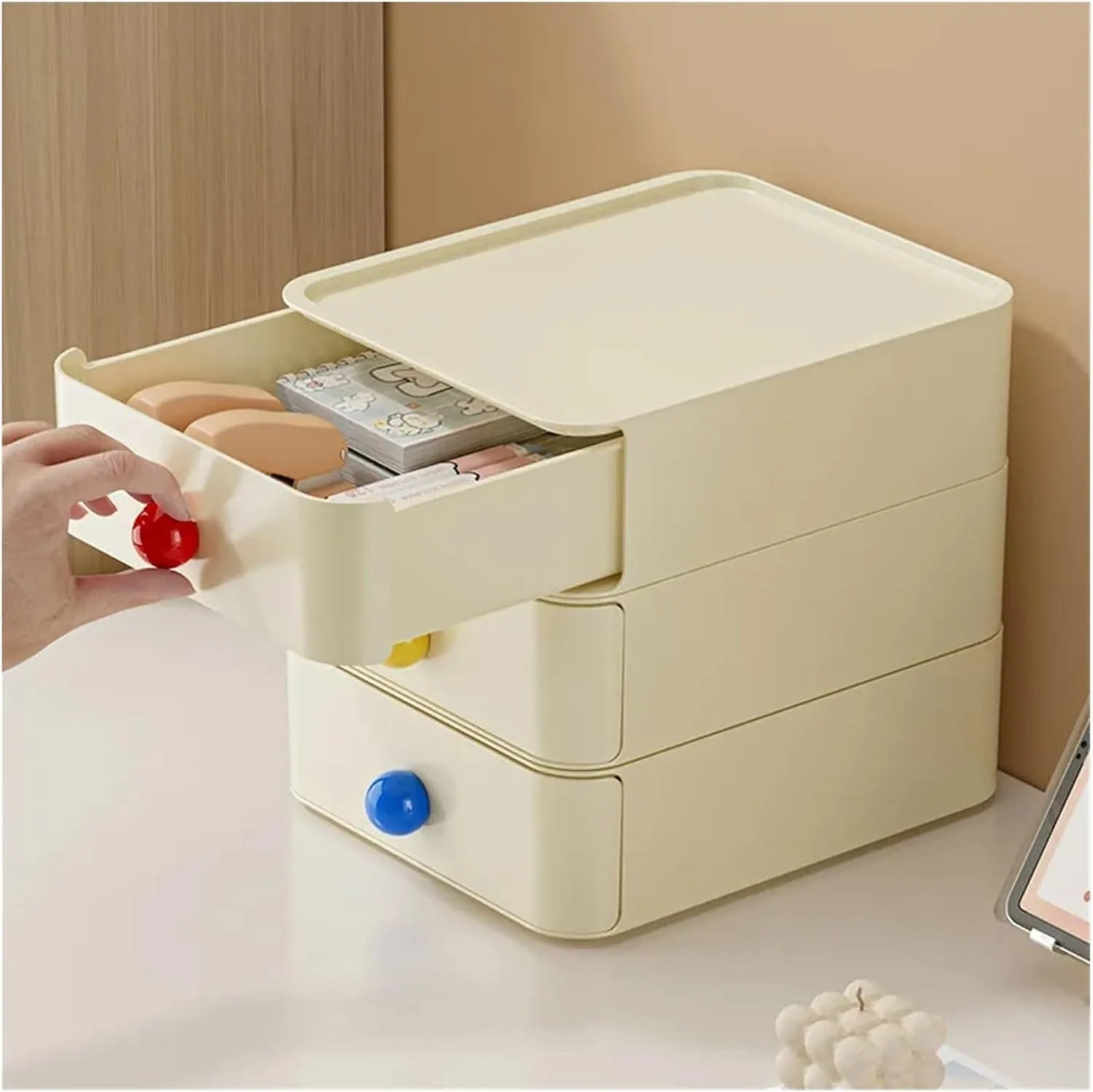 Drawer-type storage box, desktop miscellaneous item classification box, office desk entrance storage box(Red handle)