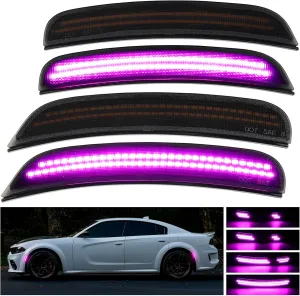 Dynamic Pink Purple LED Side Marker Lights for Dodge Charger 2015 2016 2017 2018 2019 2020 2021 2022 2023 2024 Front Rear Bumper Sequential Signal Lamps, 4PCS Smoked Lens