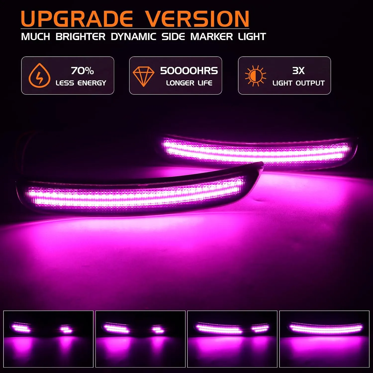 Dynamic Pink Purple LED Side Marker Lights for Dodge Charger 2015 2016 2017 2018 2019 2020 2021 2022 2023 2024 Front Rear Bumper Sequential Signal Lamps, 4PCS Smoked Lens