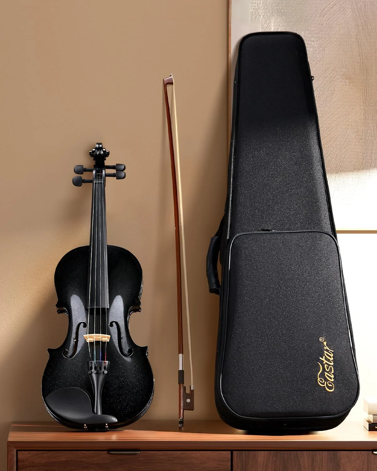 Eastar 4/4 Violin Set Full Size Fiddle Solidwood for Adults with Hard Case, Shoulder Rest, Rosin, Two Bows, Clip-on Tuner and Extra Strings, Black