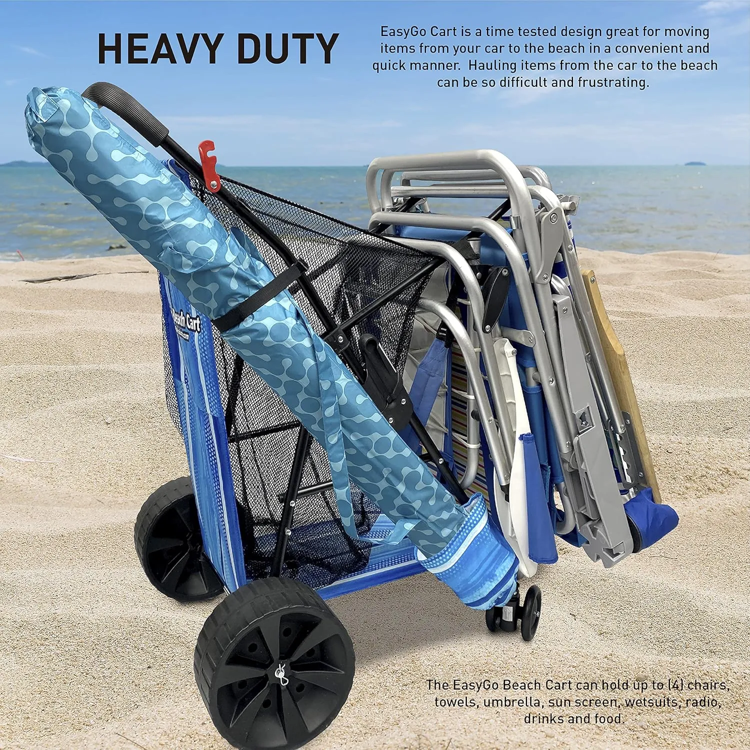 EasyGo Product Beach Cart - Heavy Duty Folding Design - Large Wheels for Sand - Holds 4 Beach Chairs - Storage Pouch - Beach Umbrella Holder - Striped