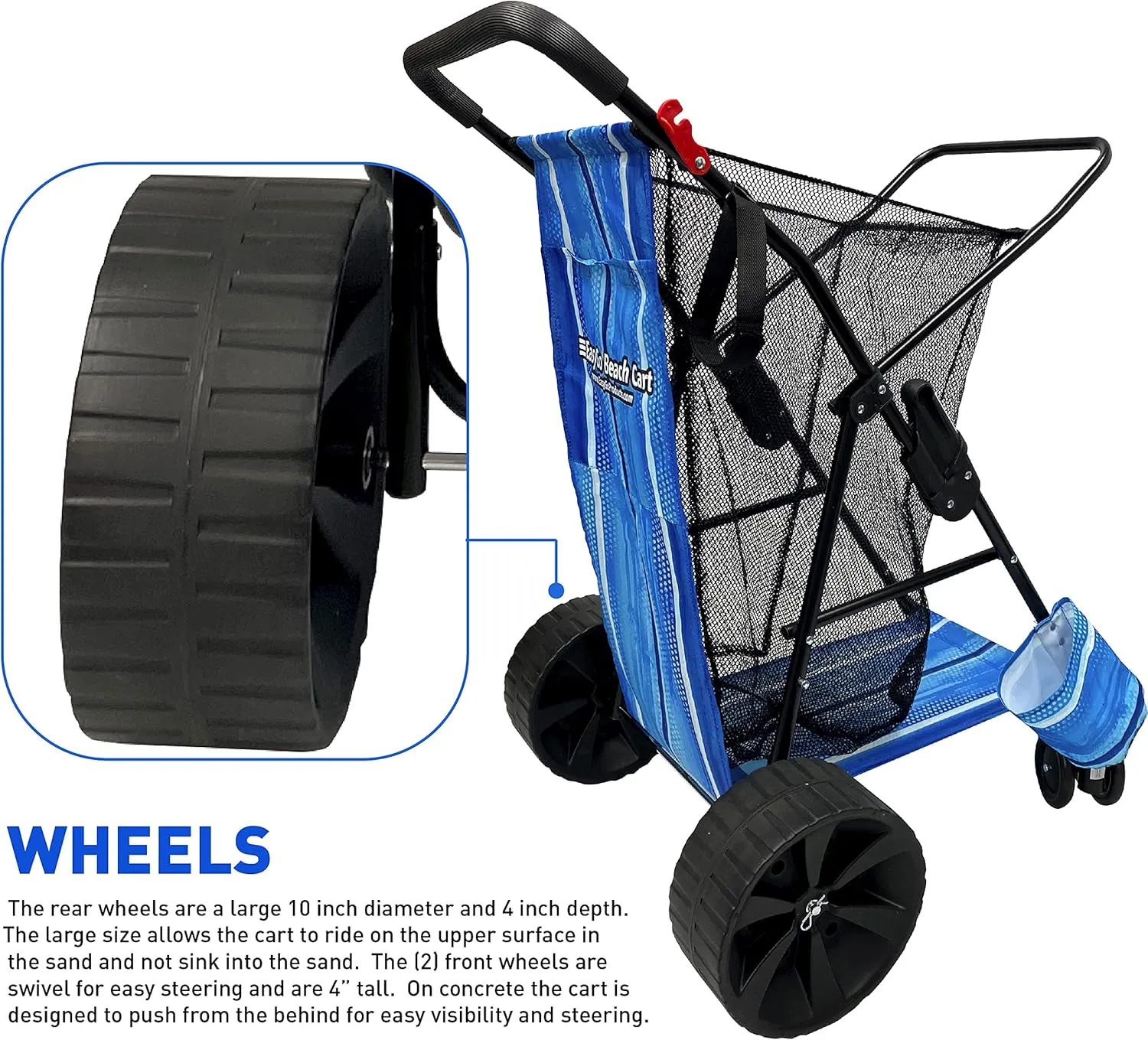 EasyGo Product Beach Cart - Heavy Duty Folding Design - Large Wheels for Sand - Holds 4 Beach Chairs - Storage Pouch - Beach Umbrella Holder - Striped
