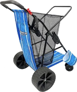 EasyGo Product Beach Cart - Heavy Duty Folding Design - Large Wheels for Sand - Holds 4 Beach Chairs - Storage Pouch - Beach Umbrella Holder - Striped
