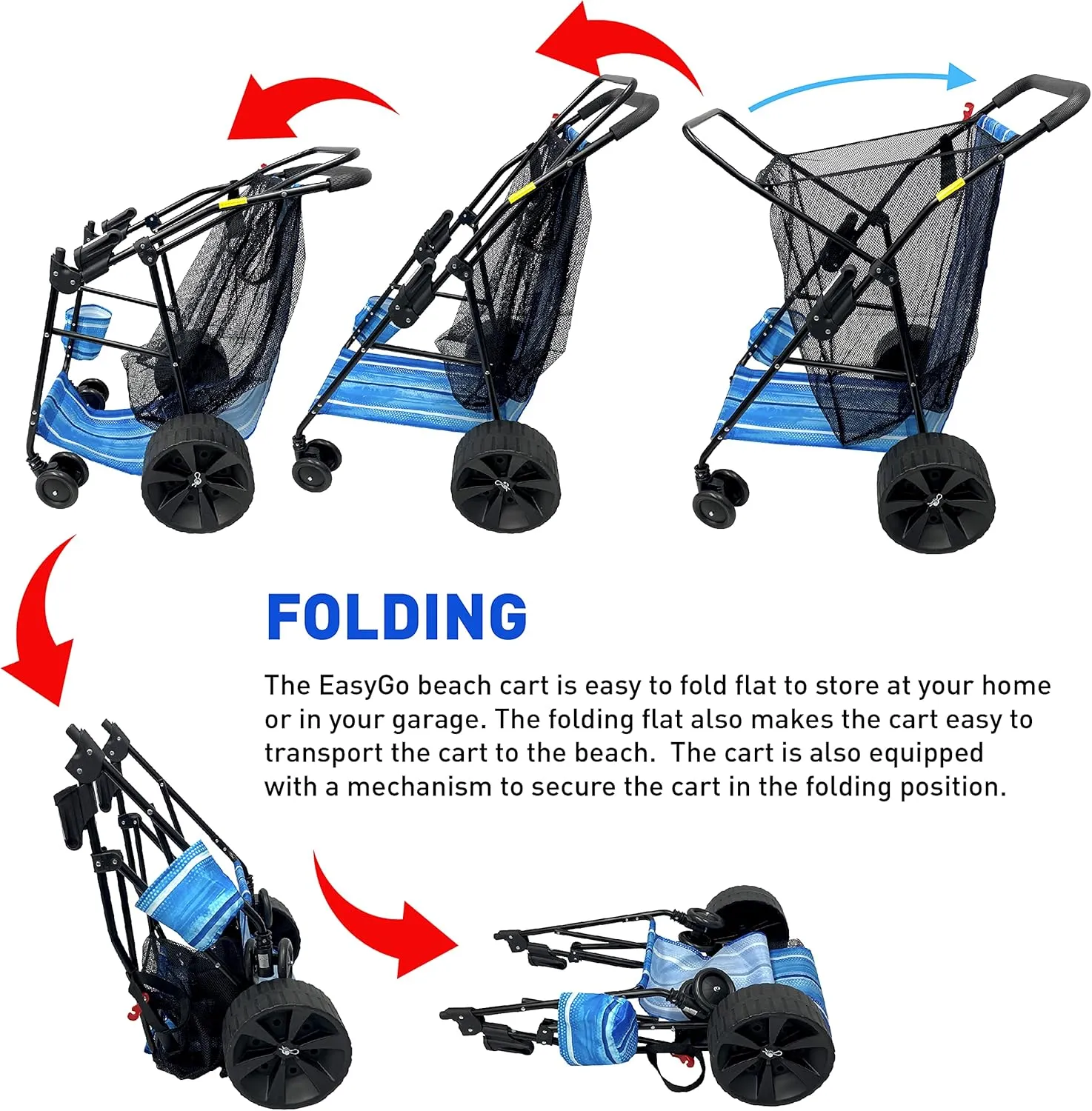 EasyGo Product Beach Cart - Heavy Duty Folding Design - Large Wheels for Sand - Holds 4 Beach Chairs - Storage Pouch - Beach Umbrella Holder - Striped