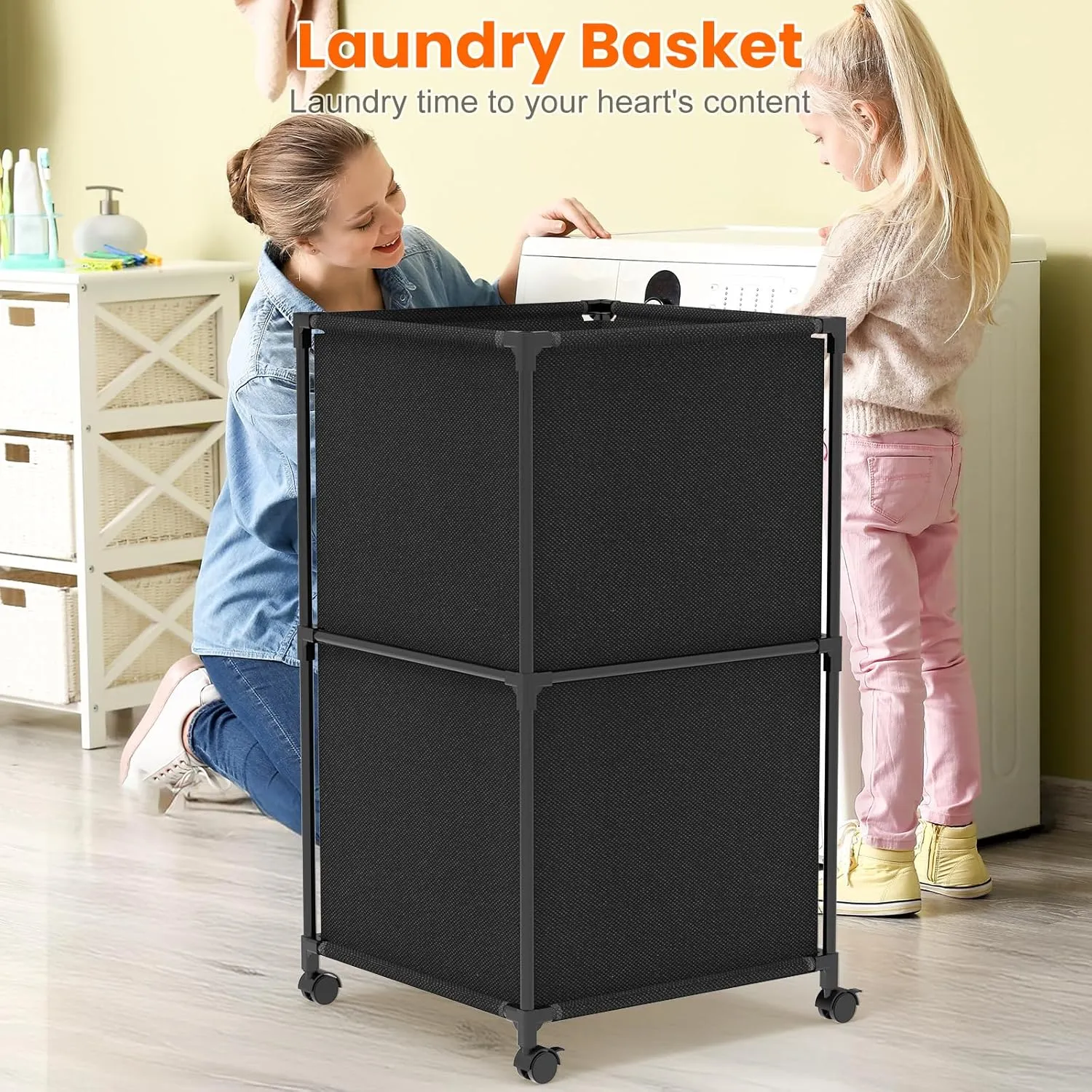 Ebeneze Laundry Hamper with Wheels, 32Gal Large Laundry Basket, Rolling Clothes Basket for Dirty Clothes Storage, Oxford Fabric Hampers for Bedroom, Dorm and Laundry Room, Black