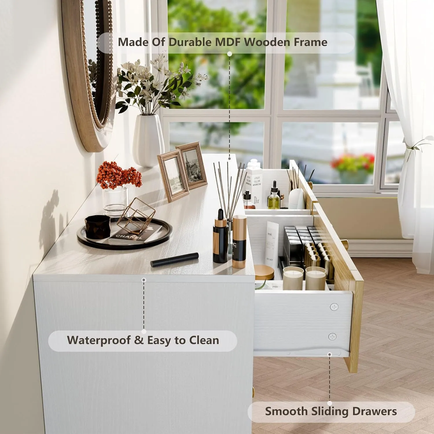 Elegant 6 Drawer Rattan Dresser, Boho Dresser Chest for Bedroom Hallway Living Room, White