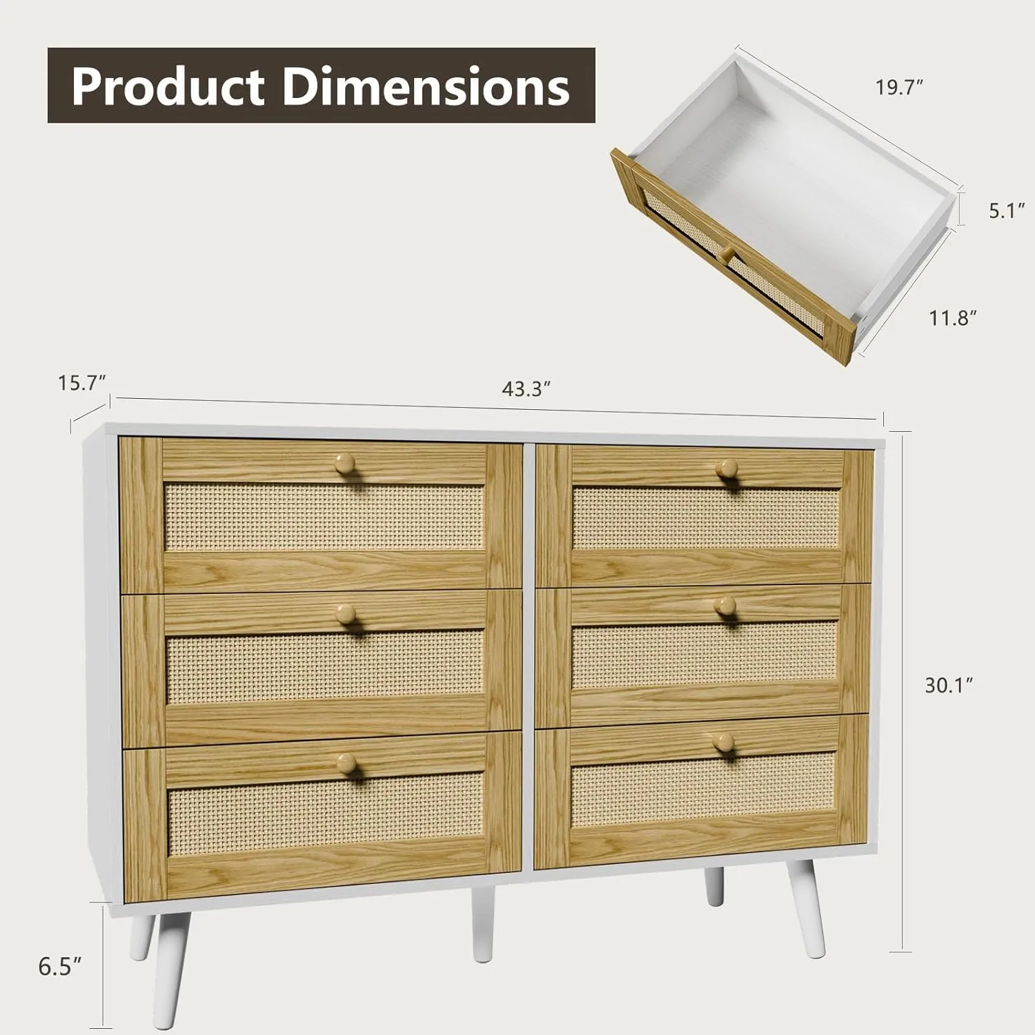 Elegant 6 Drawer Rattan Dresser, Boho Dresser Chest for Bedroom Hallway Living Room, White