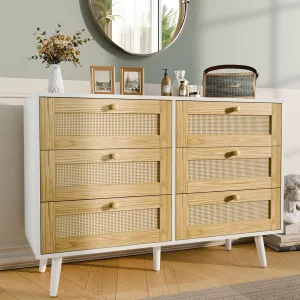 Elegant 6 Drawer Rattan Dresser, Boho Dresser Chest for Bedroom Hallway Living Room, White