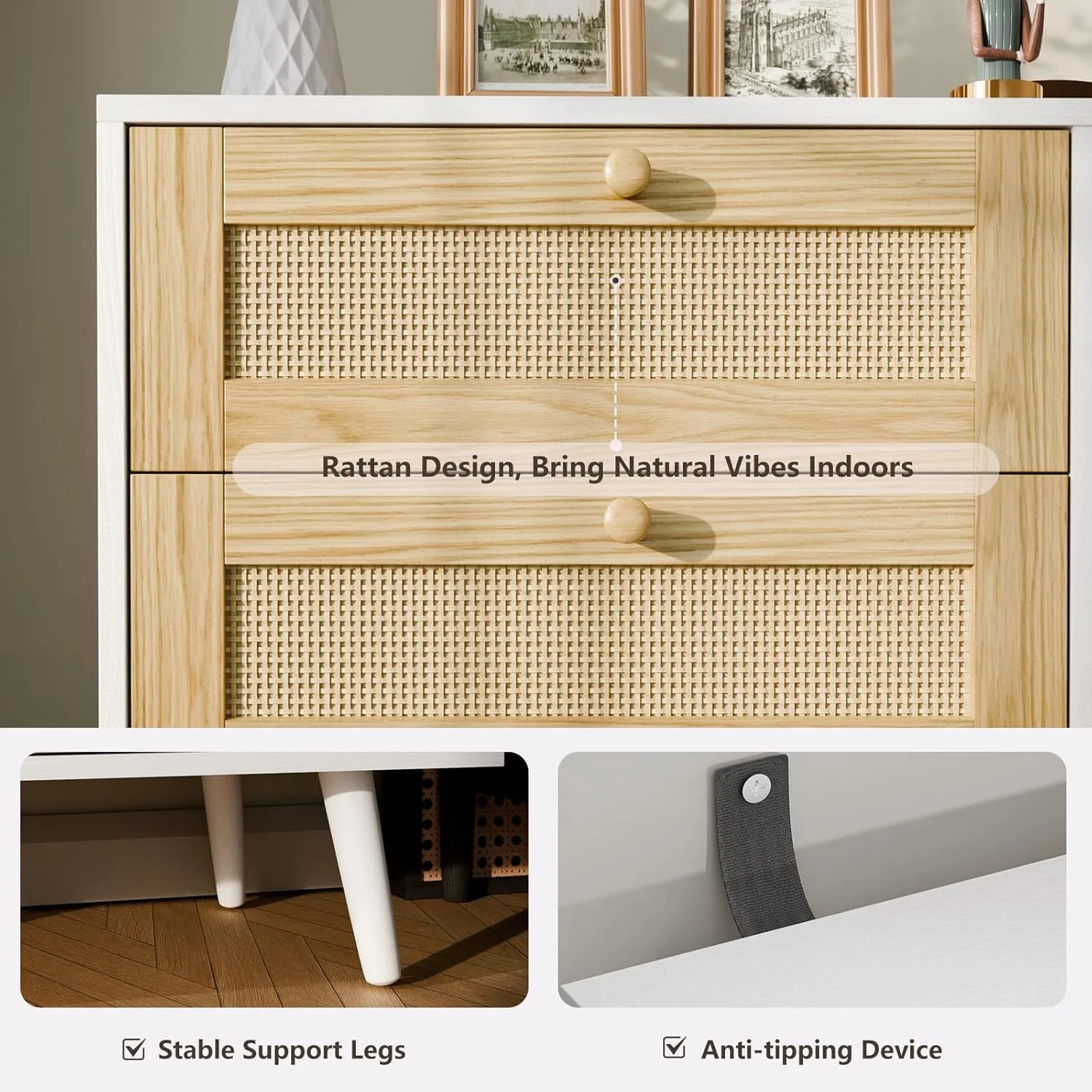 Elegant 6 Drawer Rattan Dresser, Boho Dresser Chest for Bedroom Hallway Living Room, White
