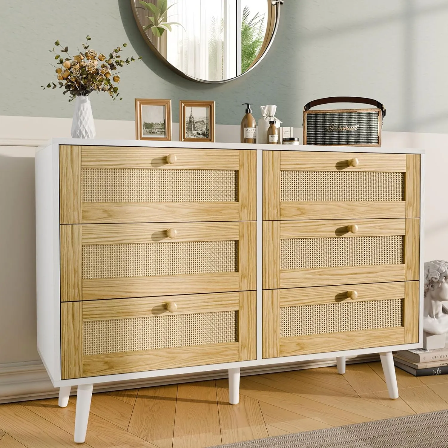 Elegant 6 Drawer Rattan Dresser, Boho Dresser Chest for Bedroom Hallway Living Room, White