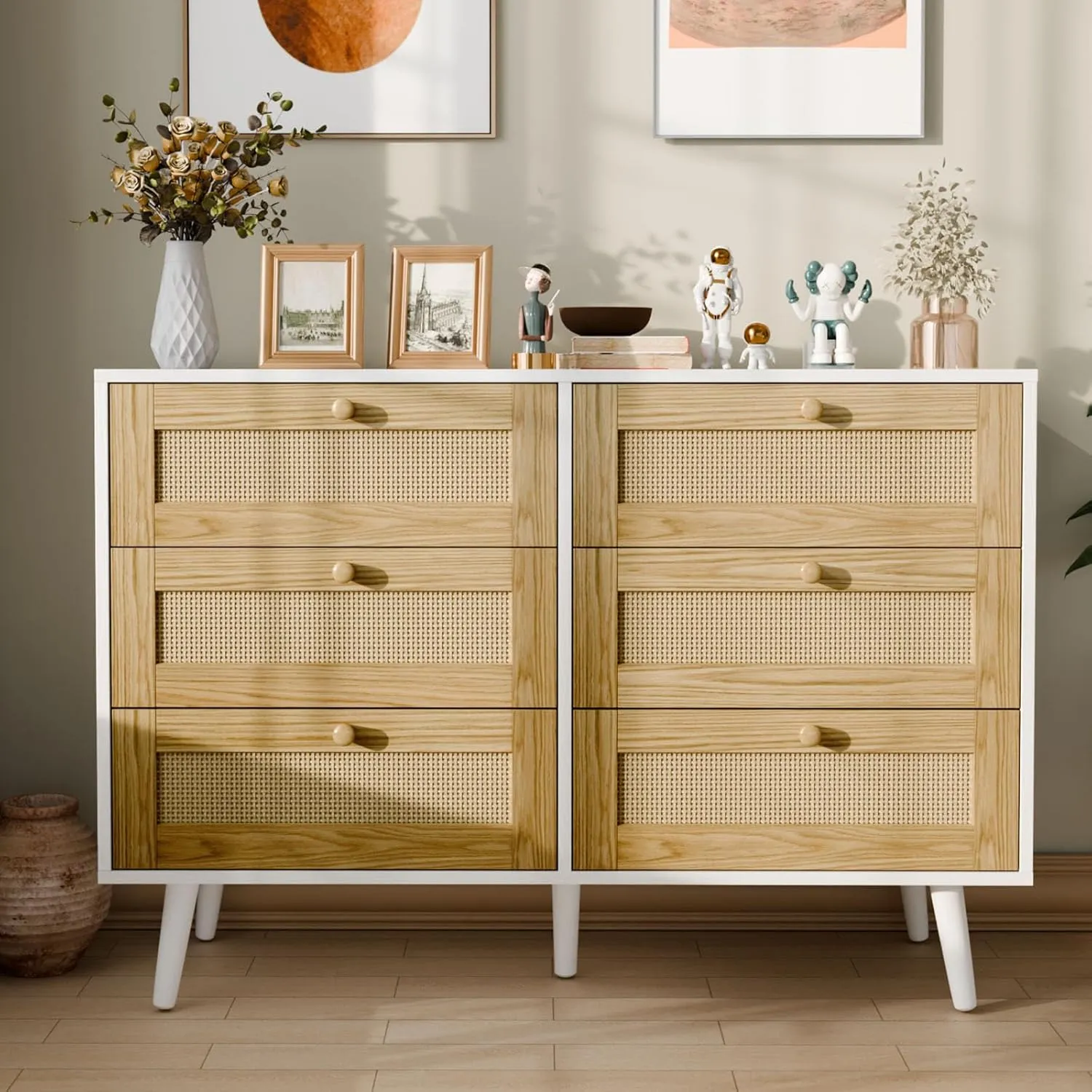 Elegant 6 Drawer Rattan Dresser, Boho Dresser Chest for Bedroom Hallway Living Room, White