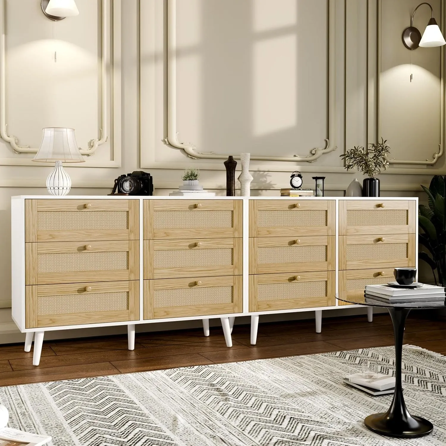 Elegant 6 Drawer Rattan Dresser, Boho Dresser Chest for Bedroom Hallway Living Room, White