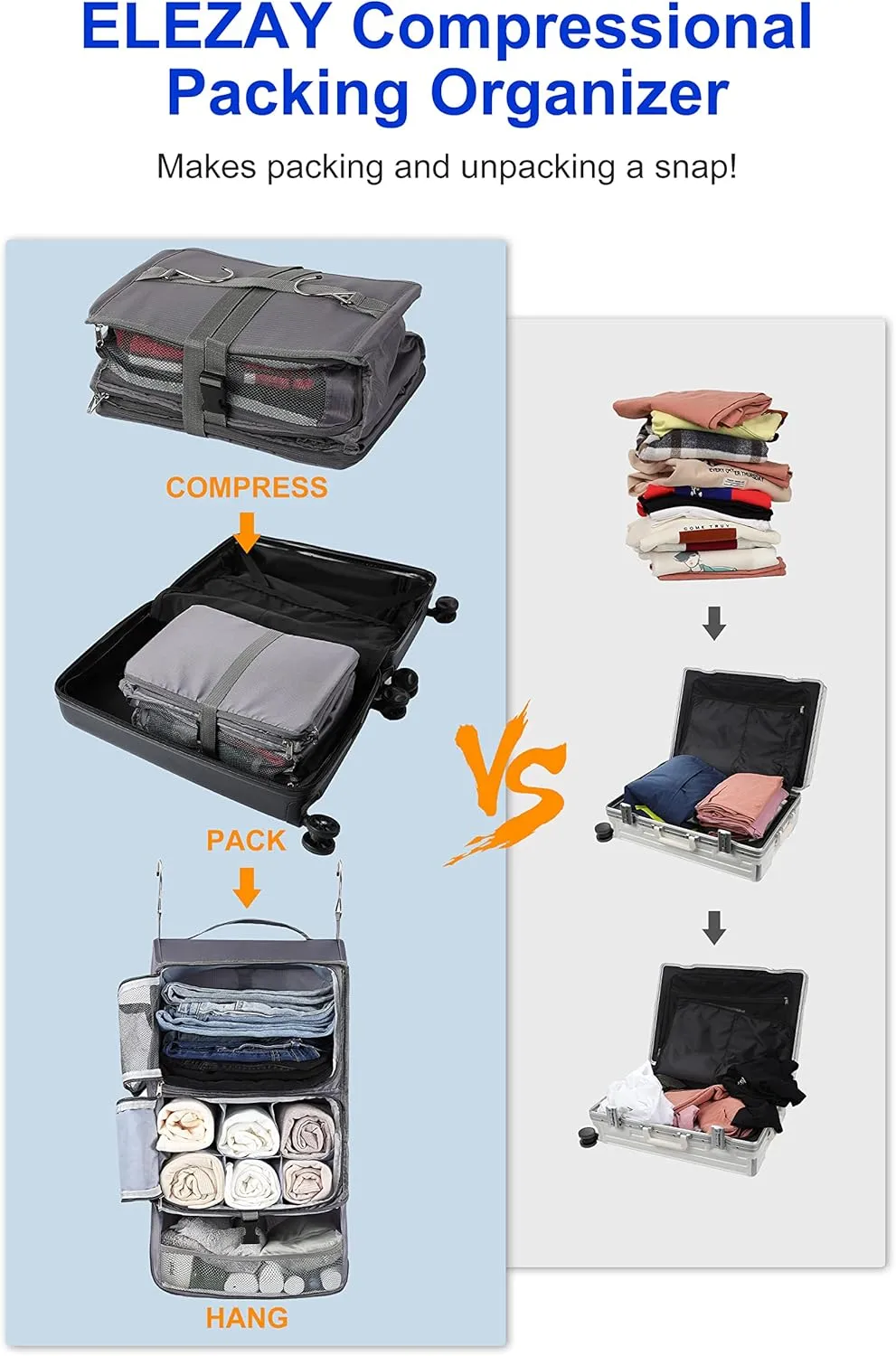 ELEZAY Hanging Packing Cubes Portable Closet 3-Shelf Travel Collapsible Compression Garment Organizer for Carry-on Luggage Suitcase Space Saver Bag X-Large_12*10 * 24 in, Gray