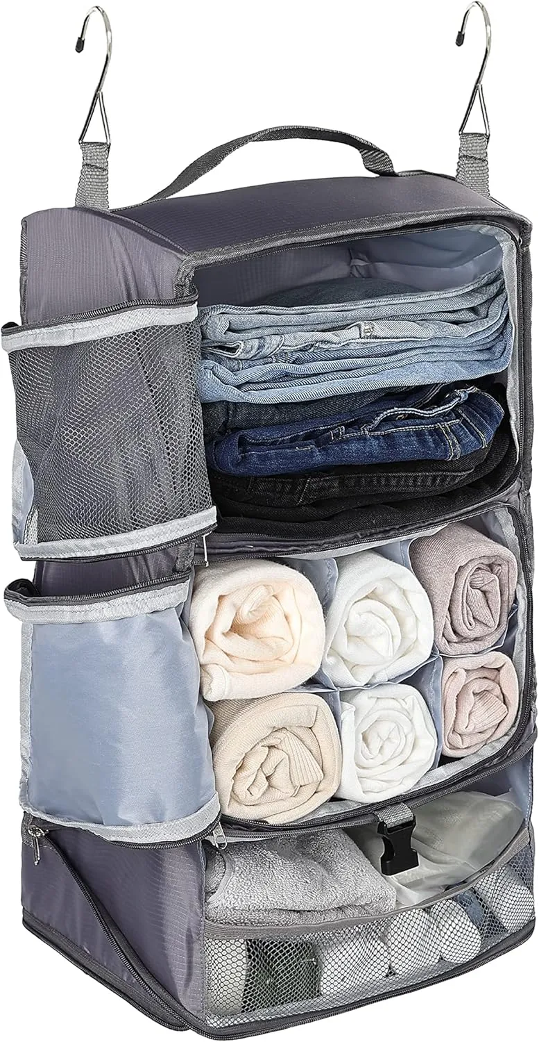 ELEZAY Hanging Packing Cubes Portable Closet 3-Shelf Travel Collapsible Compression Garment Organizer for Carry-on Luggage Suitcase Space Saver Bag X-Large_12*10 * 24 in, Gray