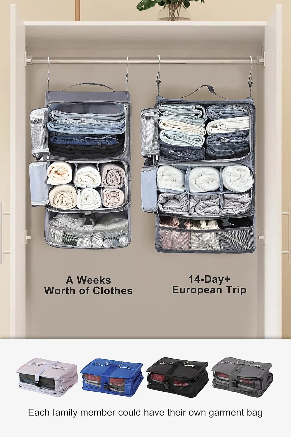 ELEZAY Hanging Packing Cubes Portable Closet 3-Shelf Travel Collapsible Compression Garment Organizer for Carry-on Luggage Suitcase Space Saver Bag X-Large_12*10 * 24 in, Gray